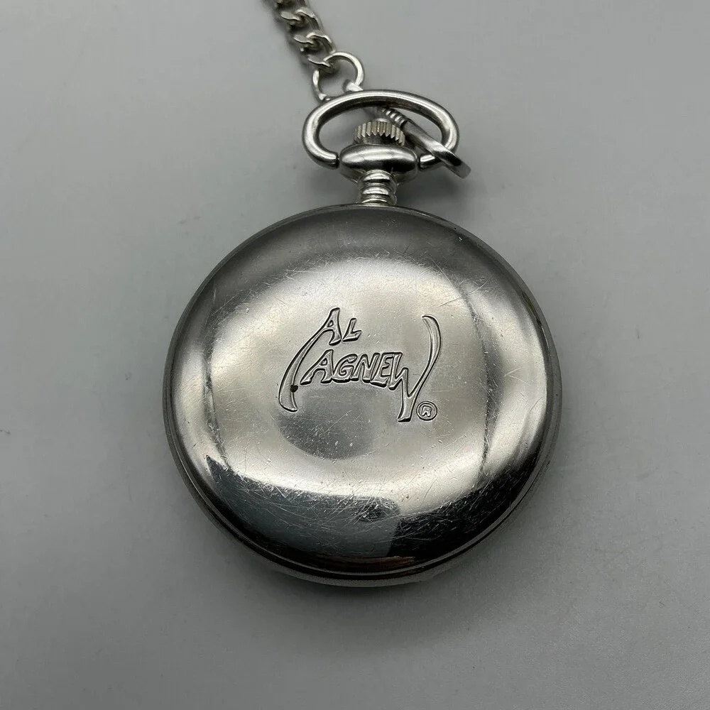 Al Agnew Pocket Watch Men 46mm Silver Tone Wolf Full Hunter Chain New Battery